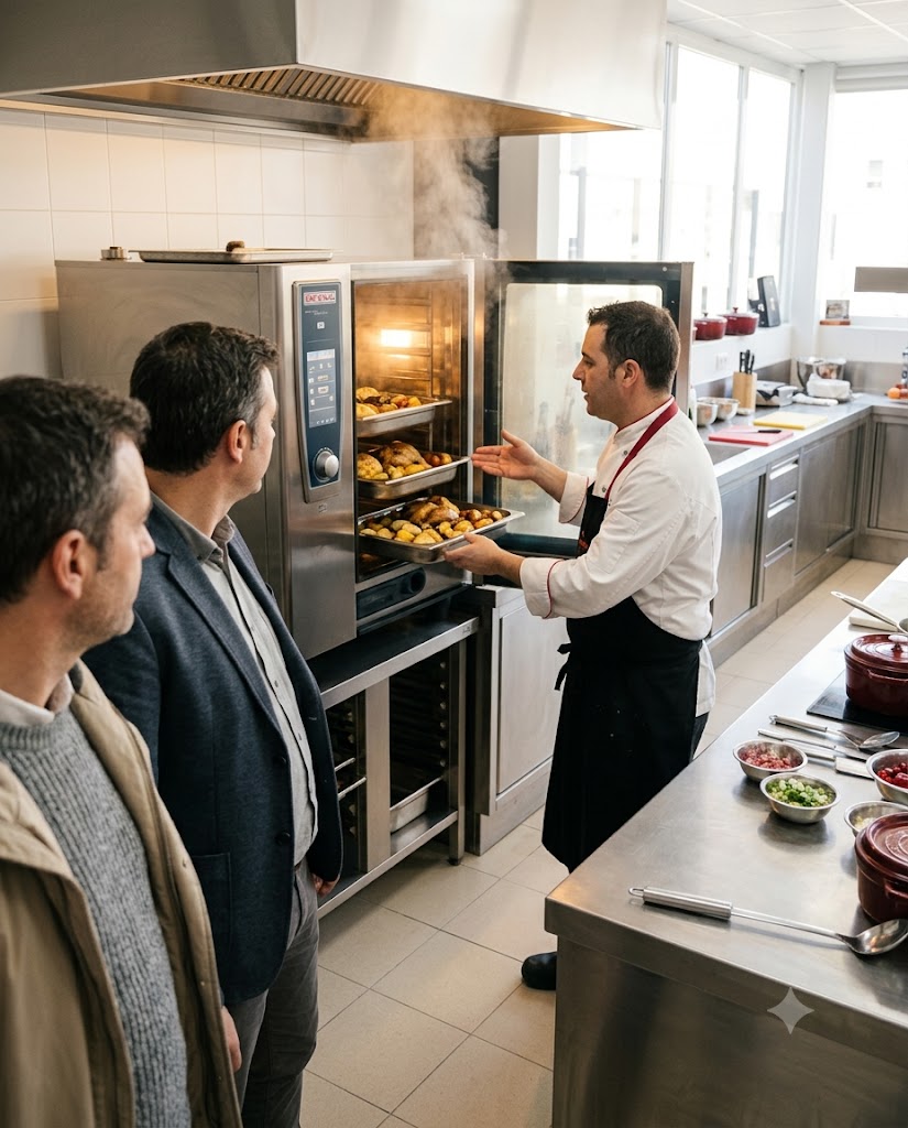 Demo de cocina con un chef formando a un equipo ante un horno profesional